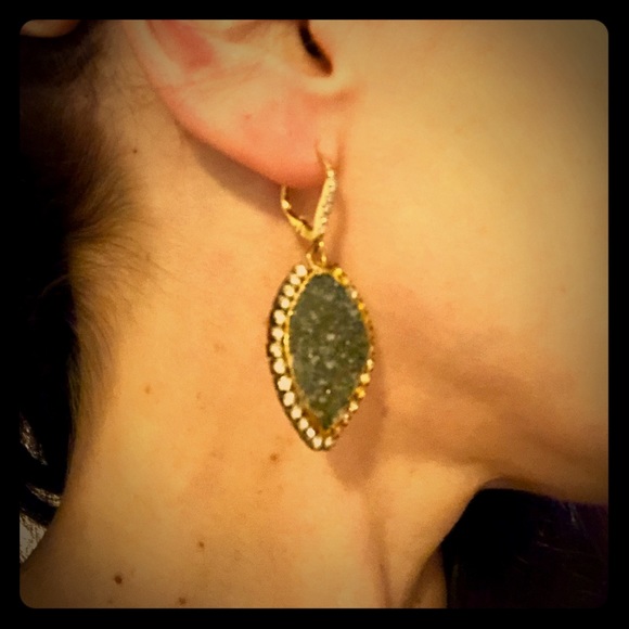 Gold plated blue druzy and rhinestone earrings - Picture 2 of 3